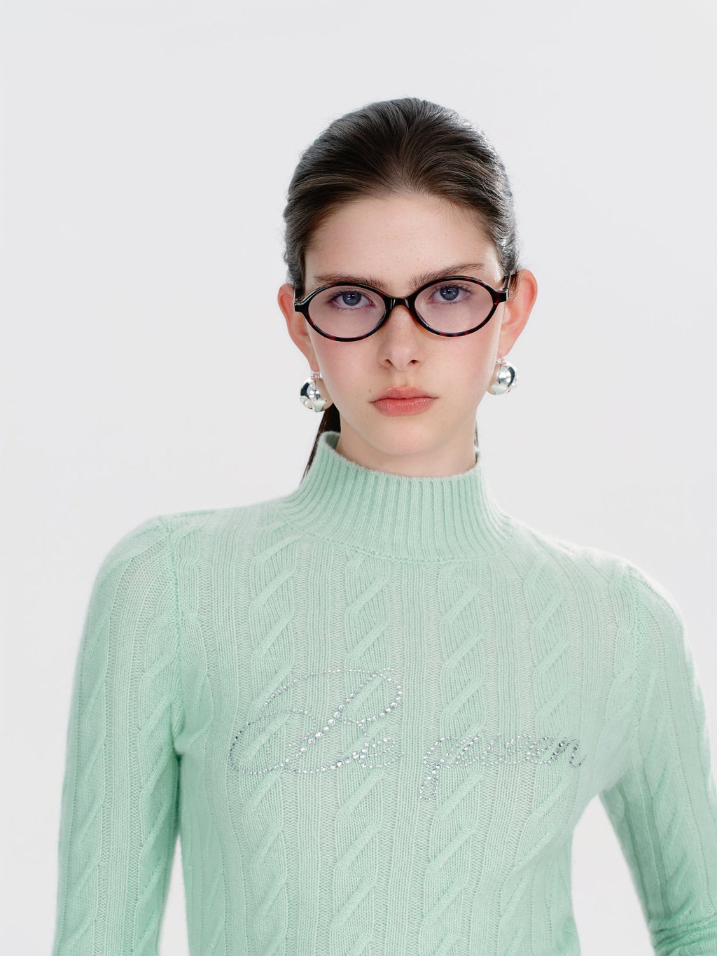 Morning Muse Green Cashmere Rhinestone Cable Knit Sweater look