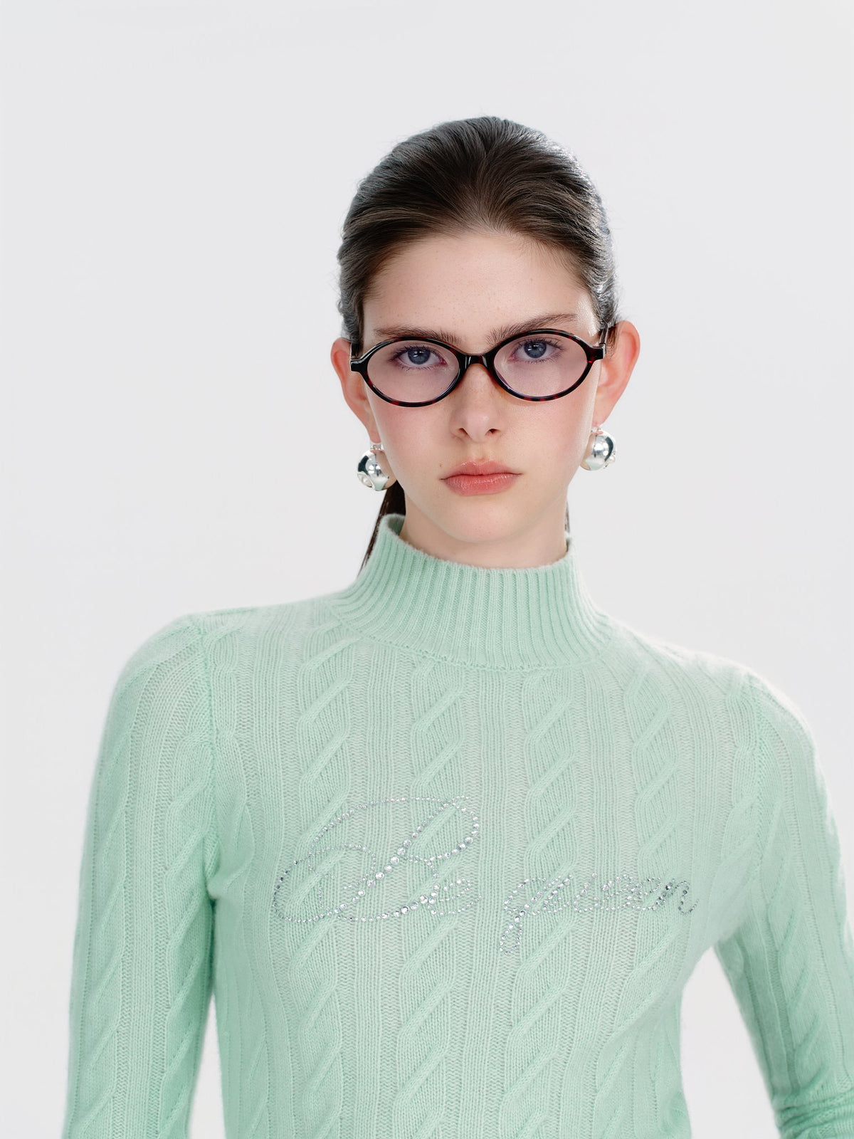Morning Muse Green Cashmere Rhinestone Cable Knit Sweater look