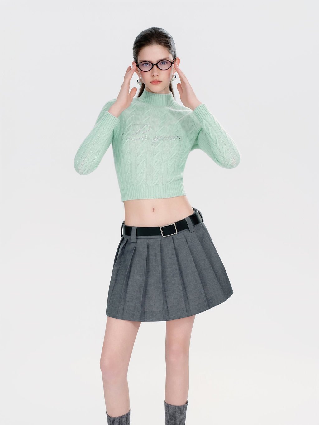 Morning Muse Green Cashmere Rhinestone Cable Knit Sweater side profile