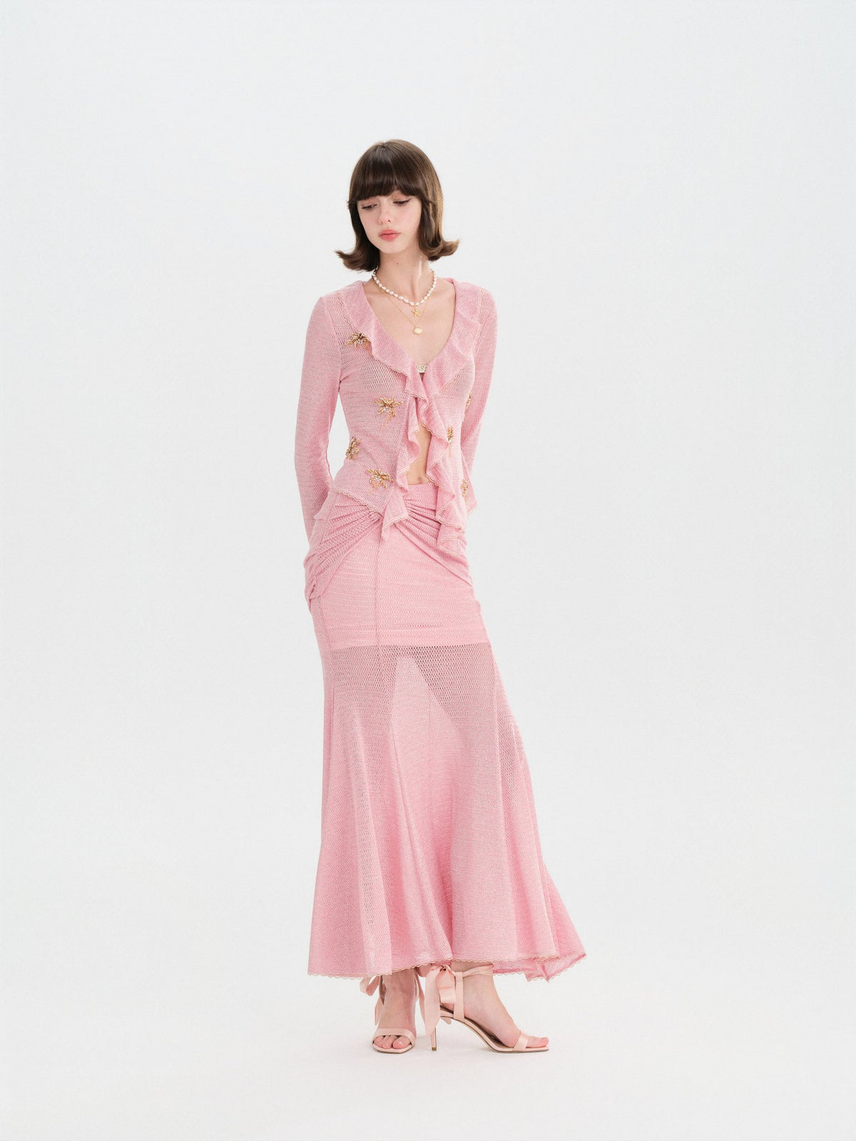 Morning Muse Pink Ruffle V-Neck Knit Two-Piece Set back view