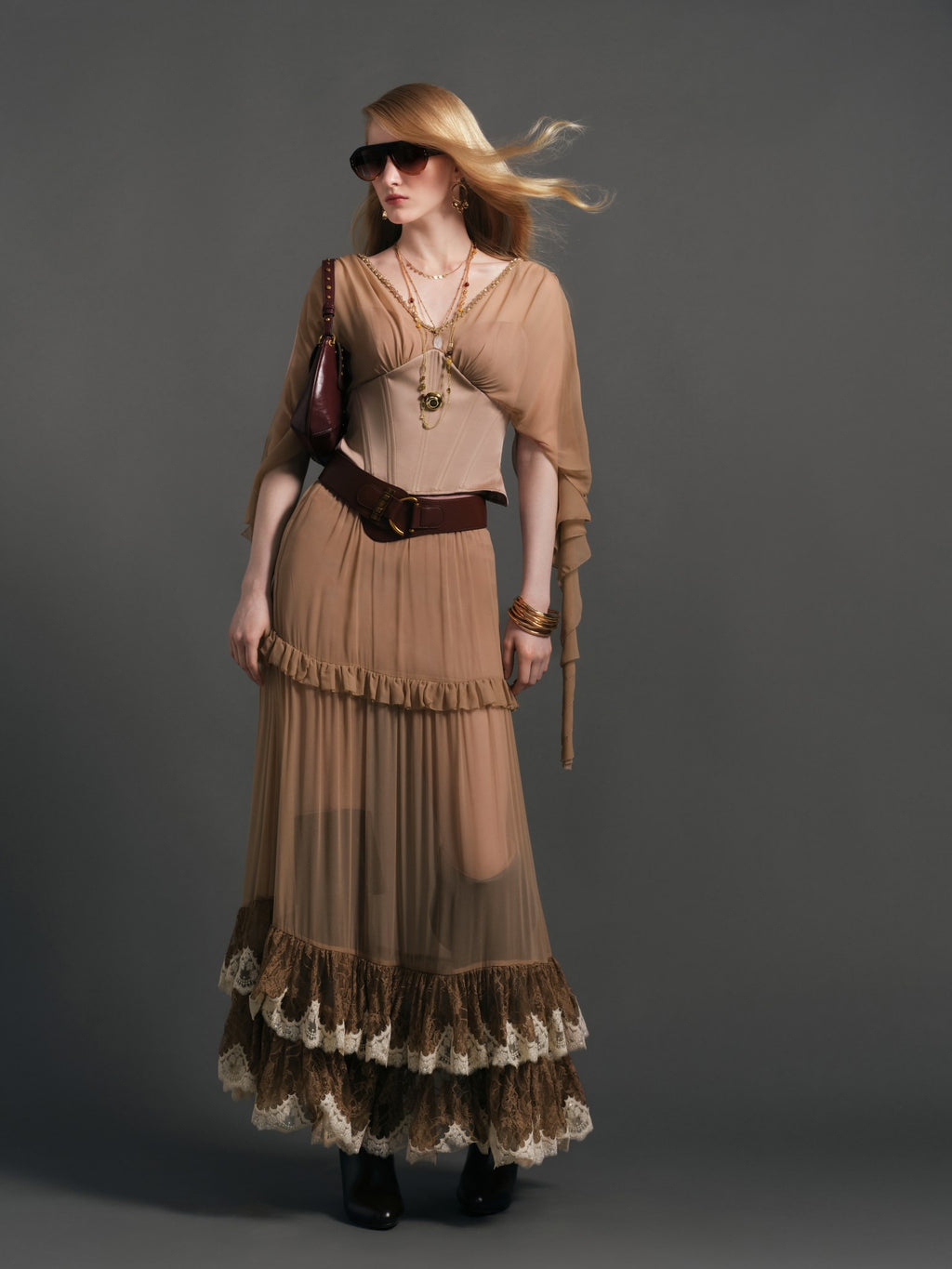 Morning Muse Brown V-Neck Patchwork Fitted Cropped Top styling