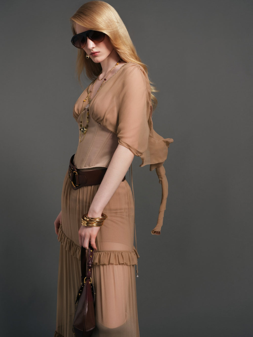 Morning Muse Brown V-Neck Patchwork Fitted Cropped Top color detail