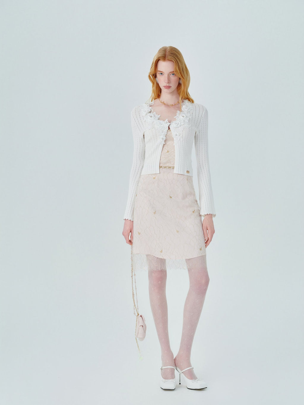 Pearl Wonderland 3D Embroidery Beaded Knit Cardigan White side profile