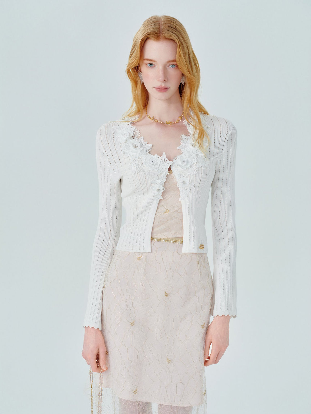 Pearl Wonderland 3D Embroidery Beaded Knit Cardigan White detail