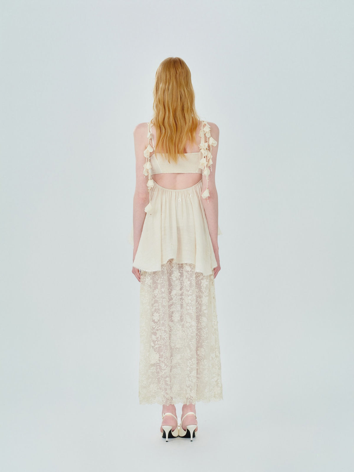 Pearl Wonderland Lace Appliqué Bustier Maxi Dress front detail