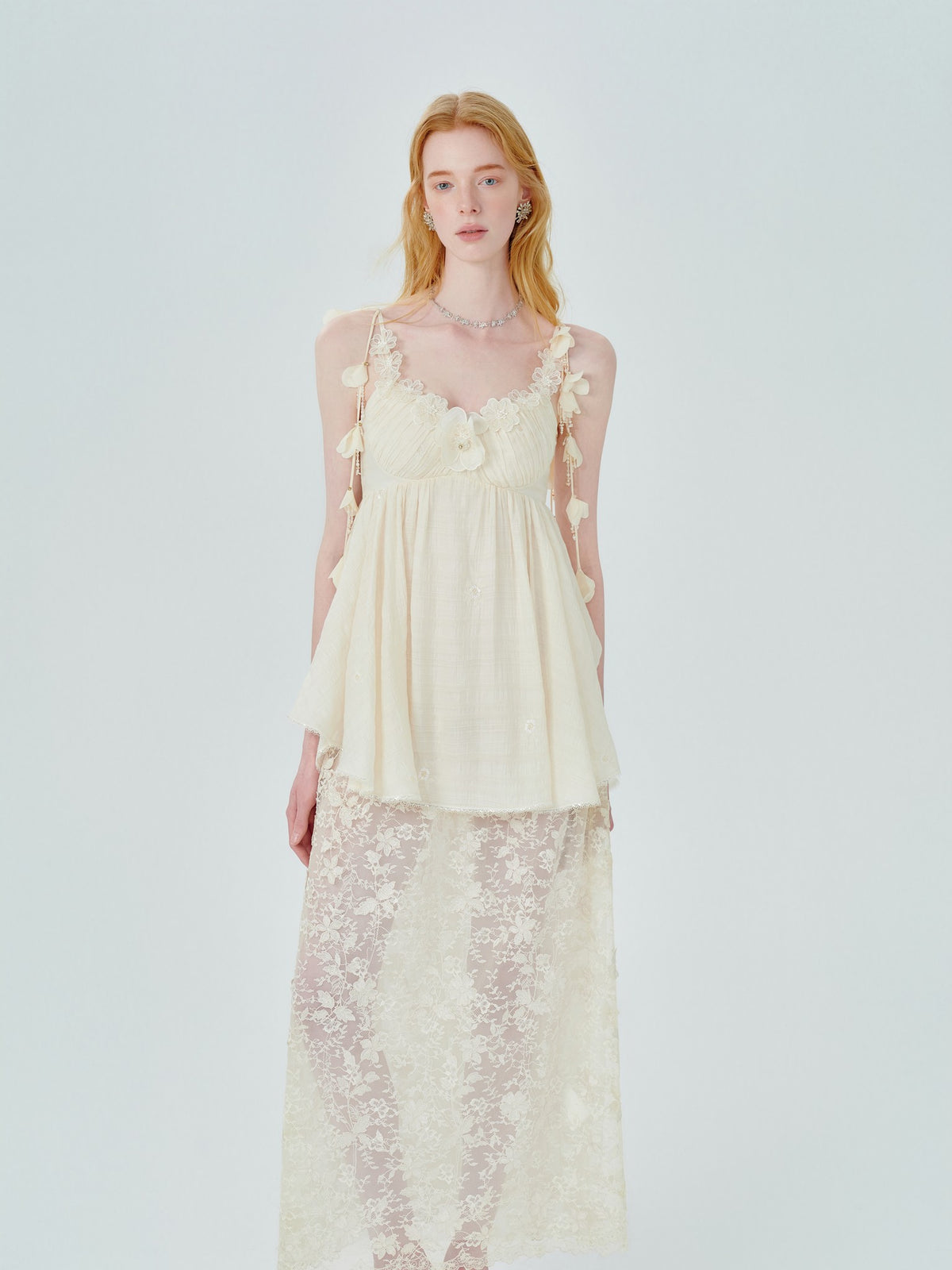 Pearl Wonderland Lace Appliqué Bustier Maxi Dress fabric close-up
