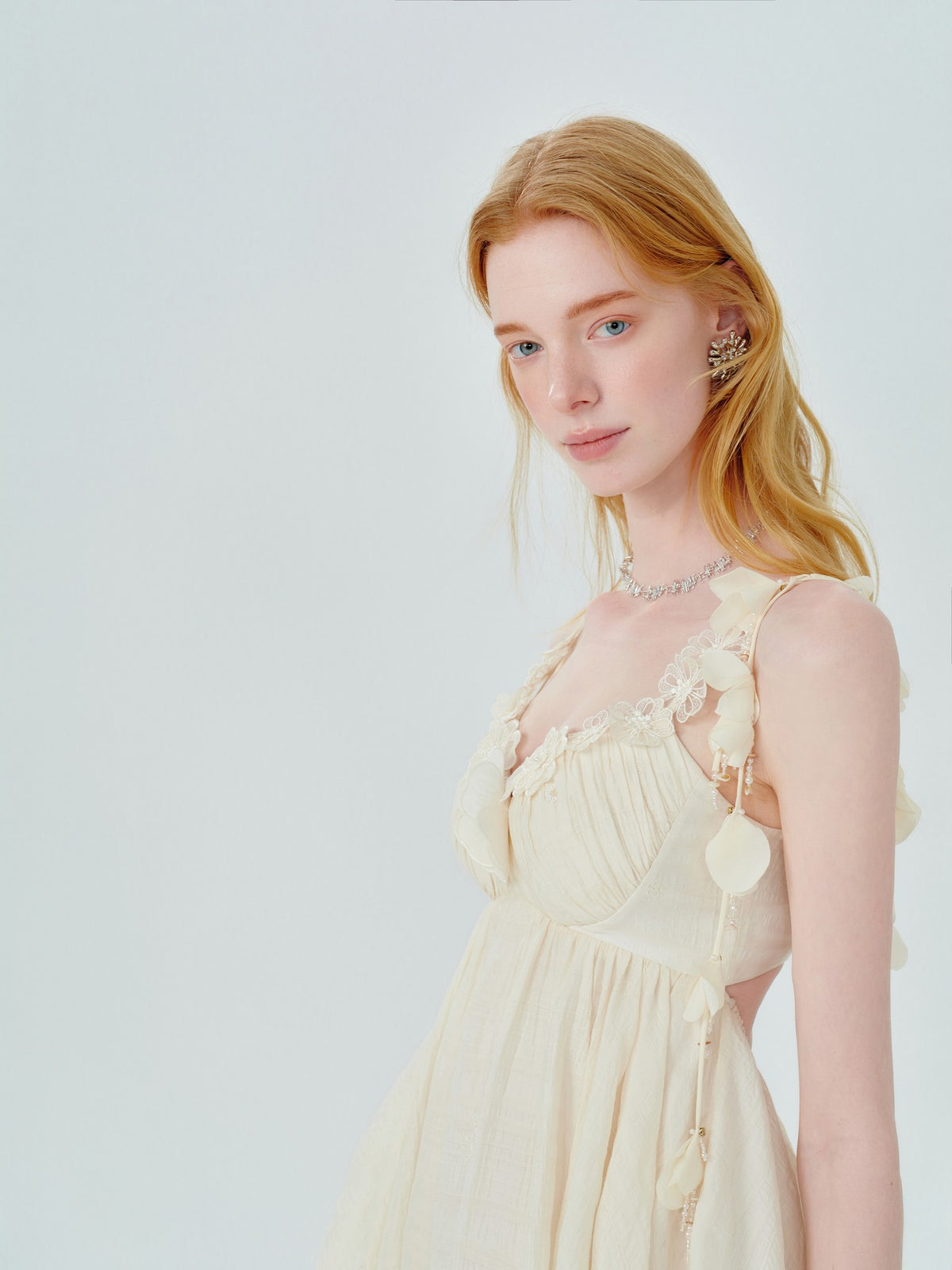 Pearl Wonderland Lace Appliqué Bustier Maxi Dress side profile