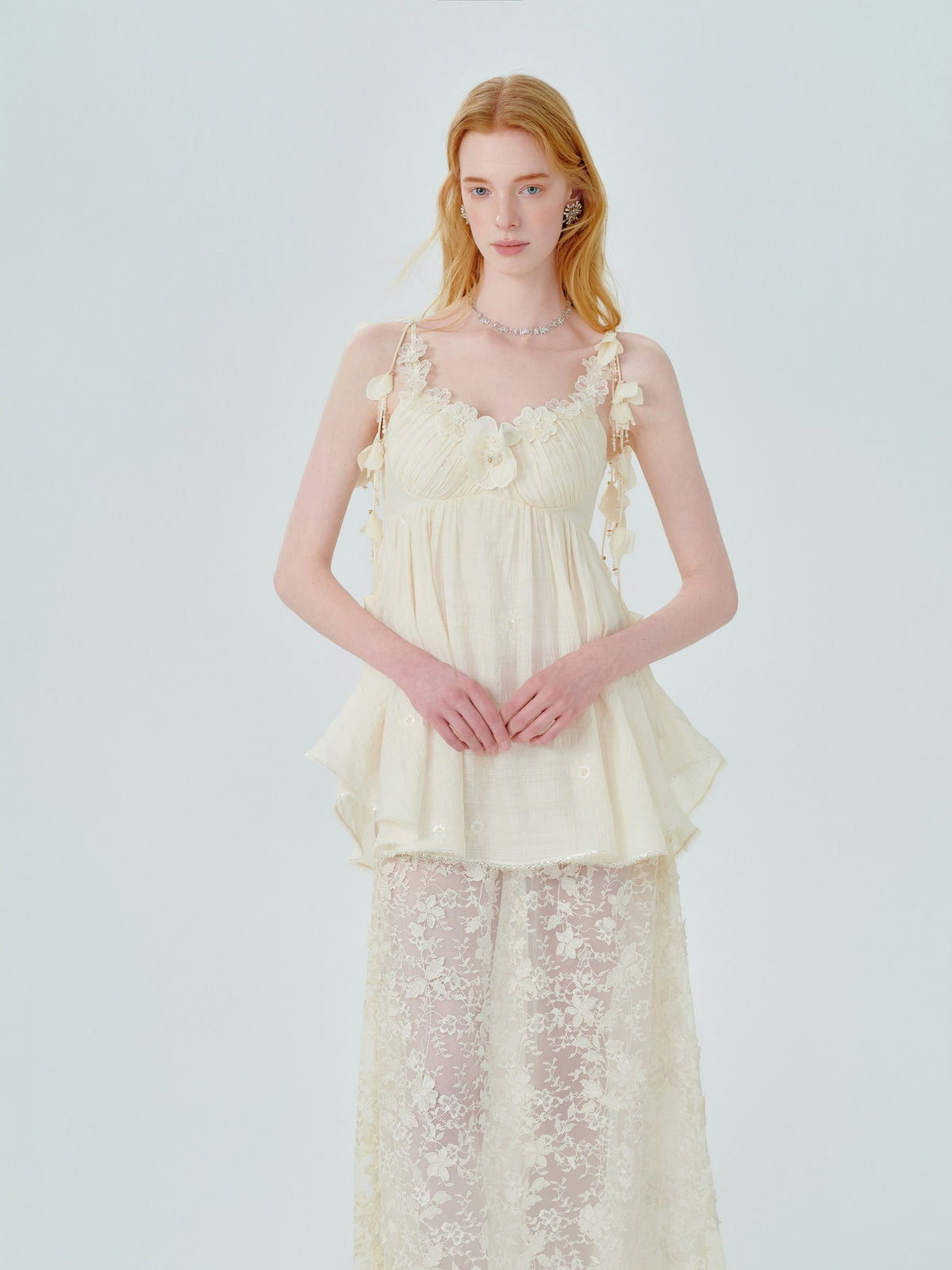 Pearl Wonderland Lace Appliqué Bustier Maxi Dress detail