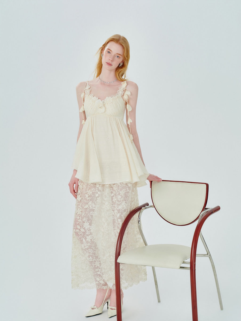 Pearl Wonderland Lace Appliqué Bustier Maxi Dress front view
