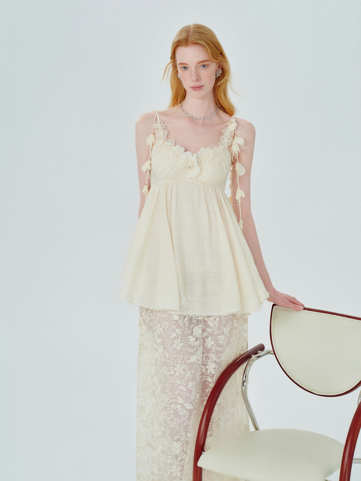 Pearl Wonderland Lace Appliqué Bustier Maxi Dress look