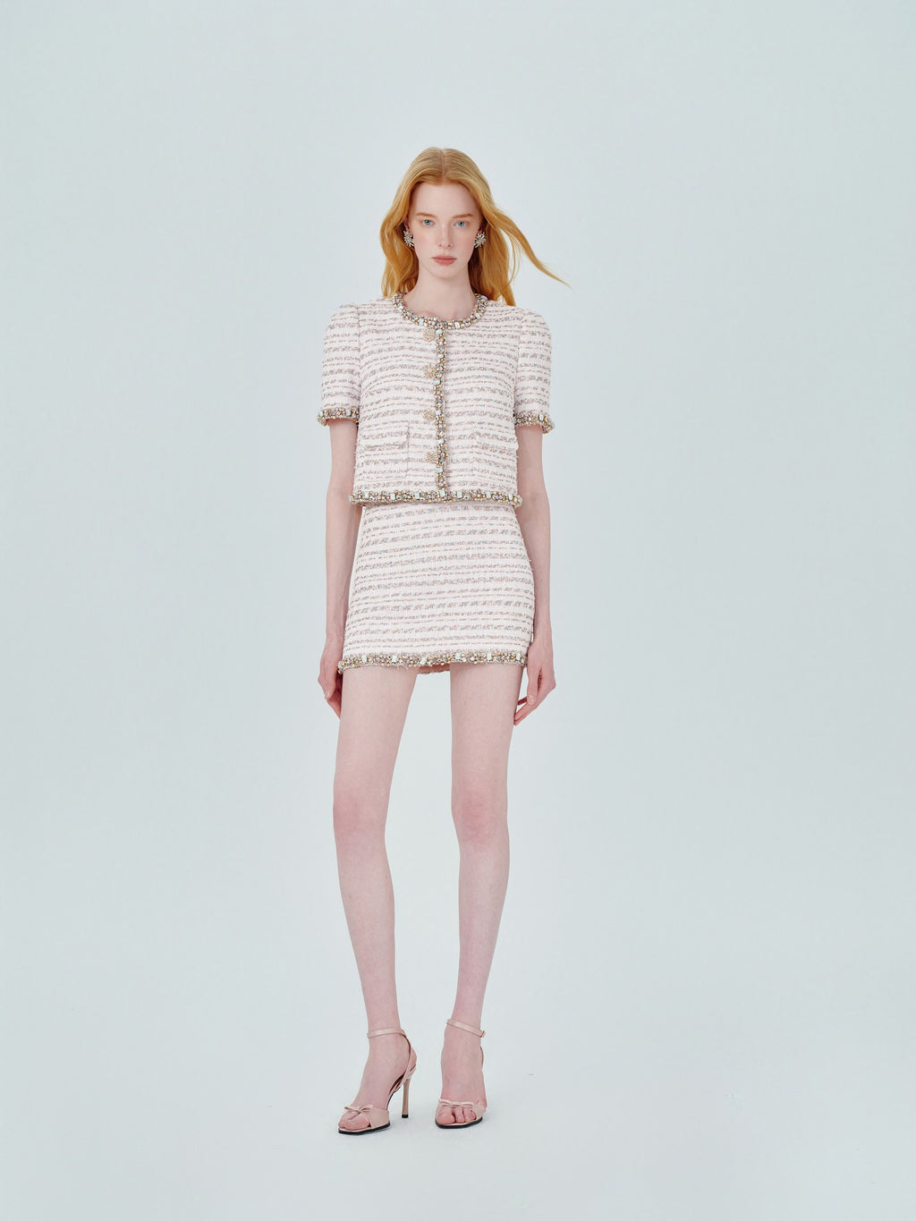 Rue Cambon Rhinestone-Studded Tweed Cropped Jacket styling