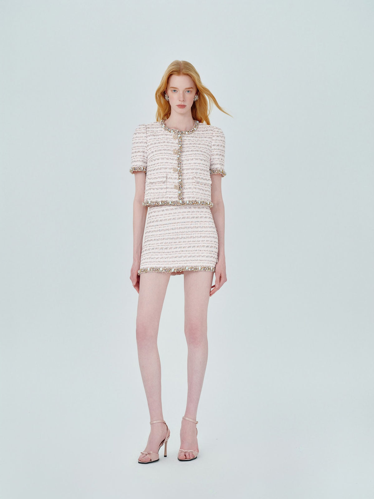 Rue Cambon Rhinestone-Studded Tweed Cropped Jacket styling