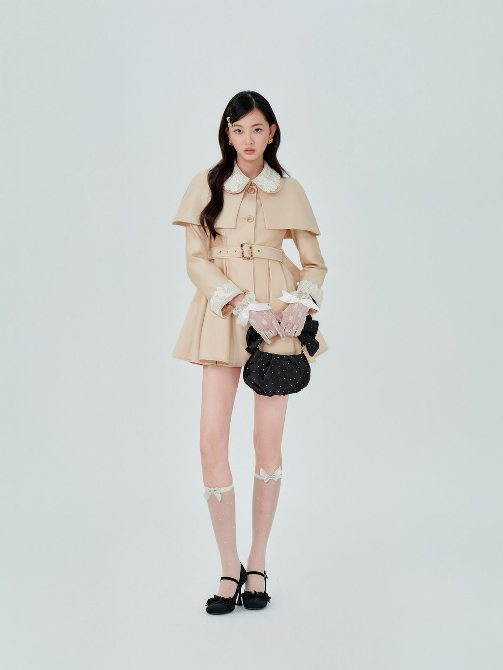 Mayfair Cape Sleeve Lace Belt Trench Dress front detail