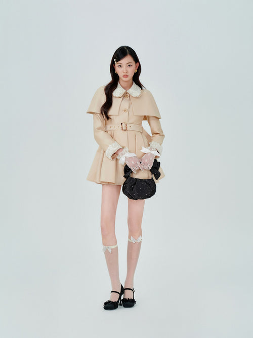 Mayfair Cape Sleeve Lace Belt Trench Dress front detail