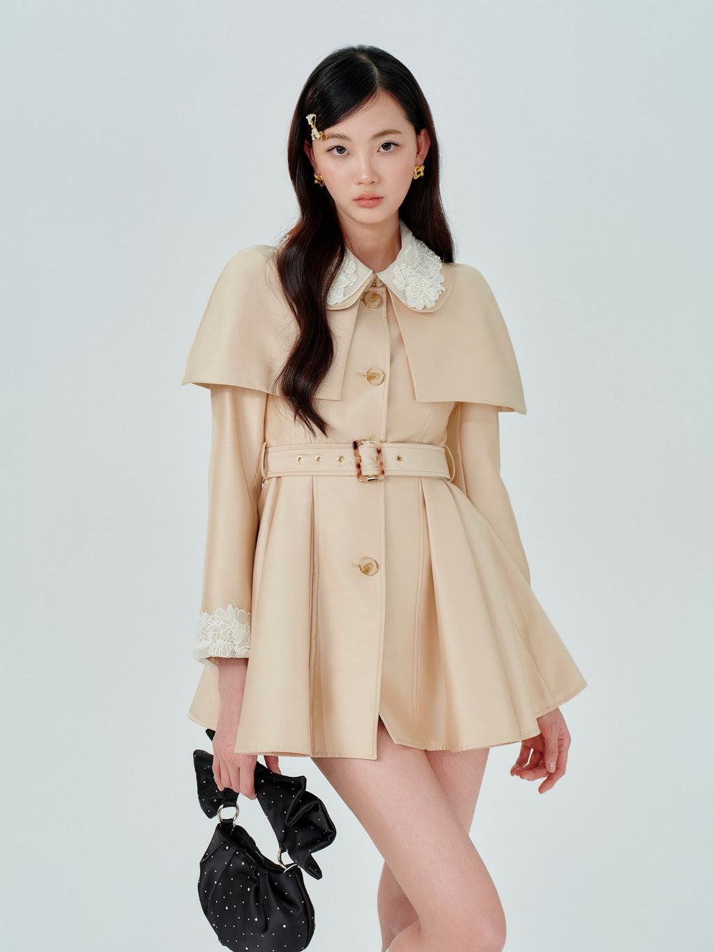 Mayfair Cape Sleeve Lace Belt Trench Dress back view