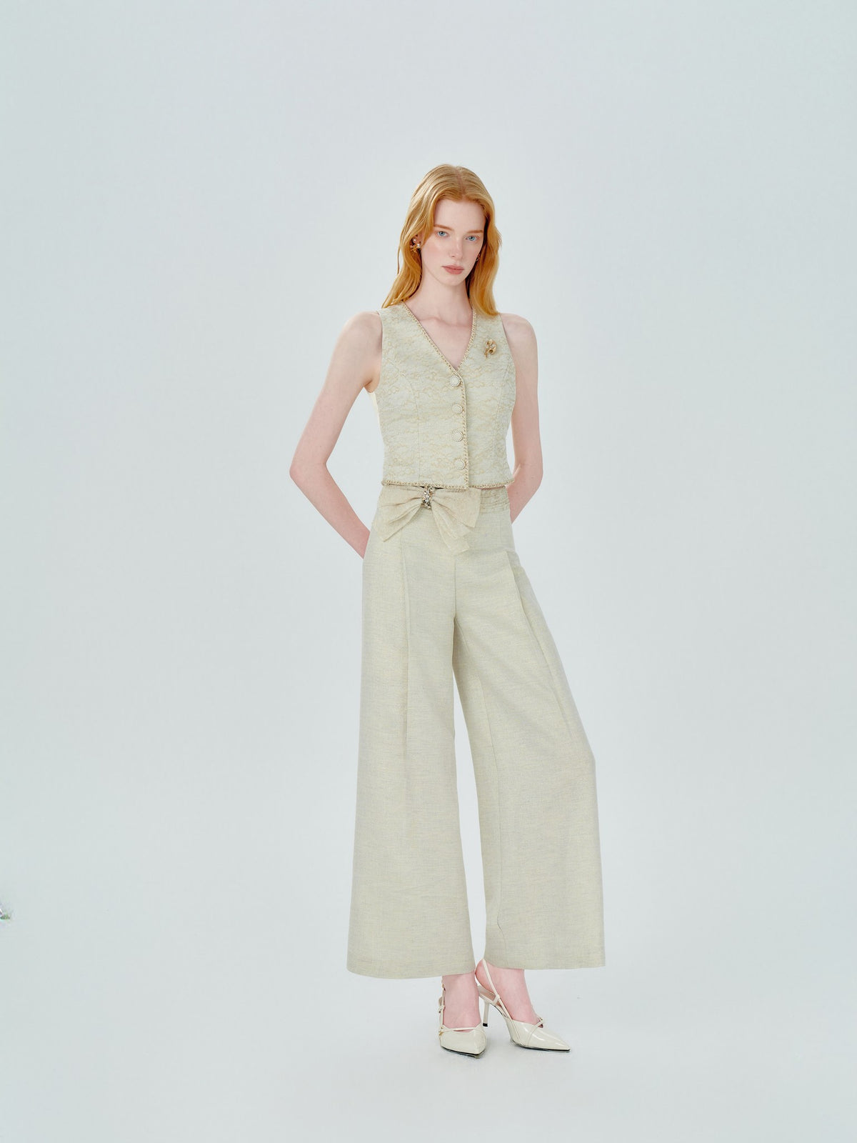 Mayfair Bowknot Spliced Lace Wide-Leg Trousers fabric close-up