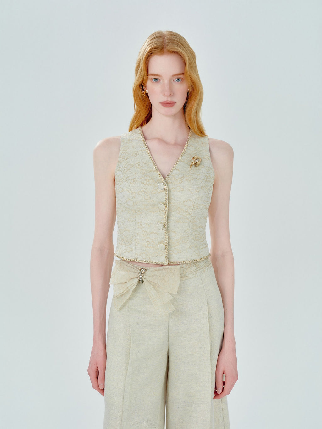 Mayfair Bowknot Spliced Lace Wide-Leg Trousers styling