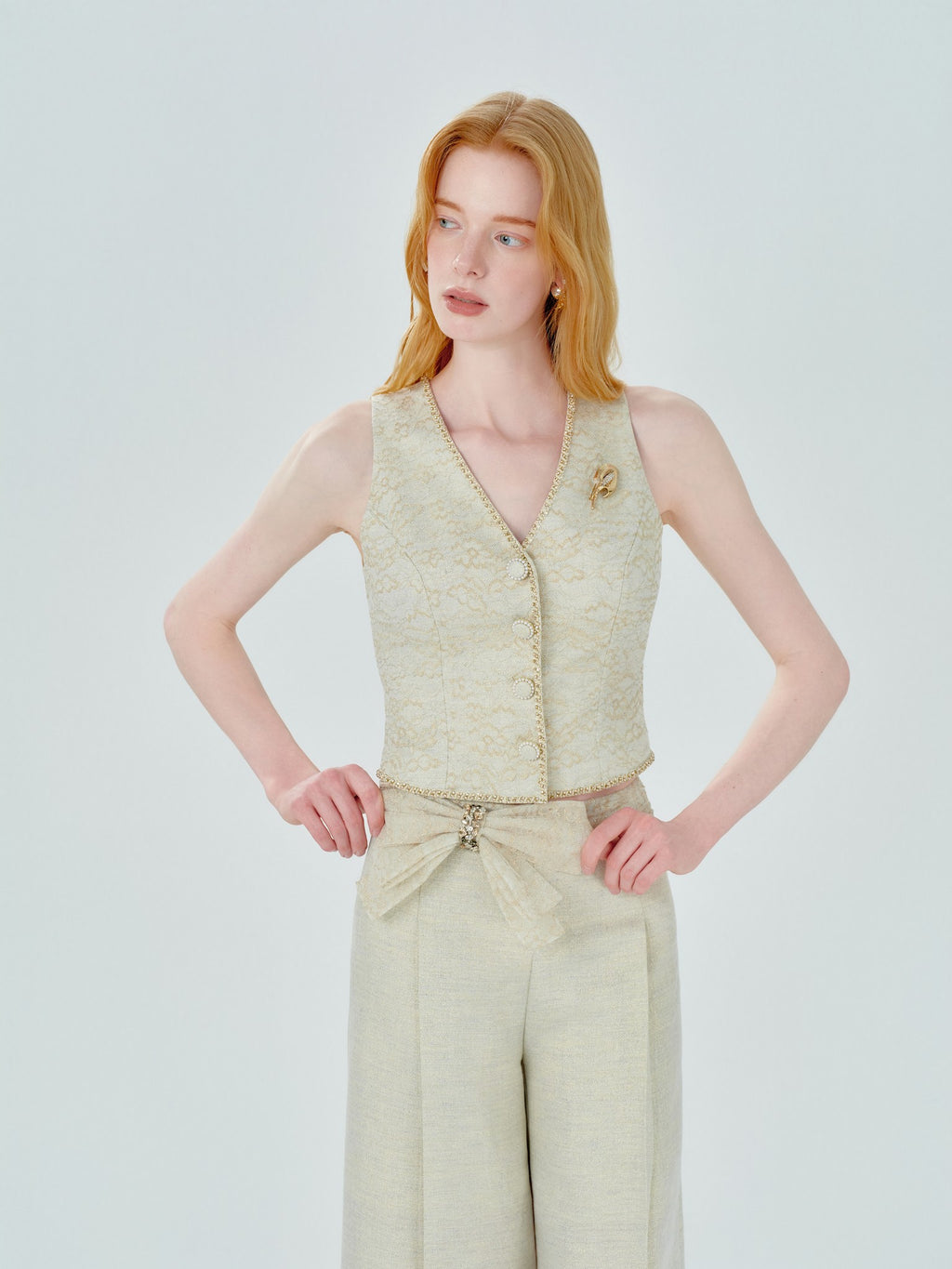 Mayfair Beige Tailored Lace Sleeveless Vest styling