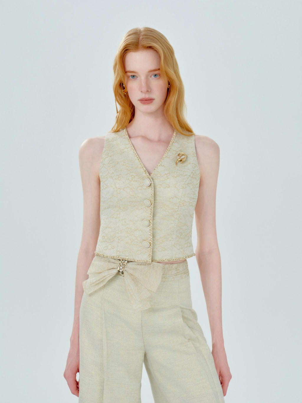Mayfair Beige Tailored Lace Sleeveless Vest full look