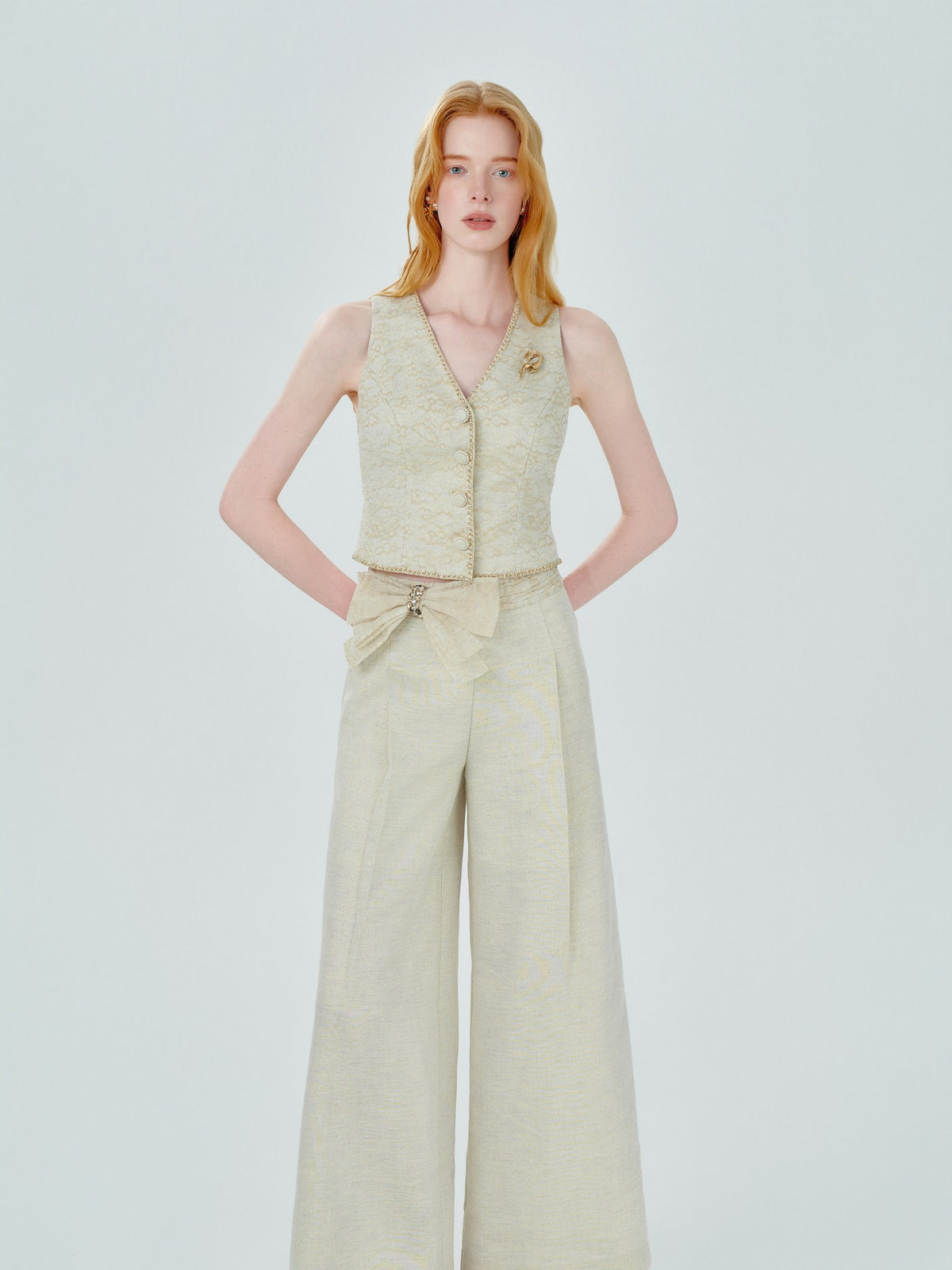 Mayfair Beige Tailored Lace Sleeveless Vest front detail