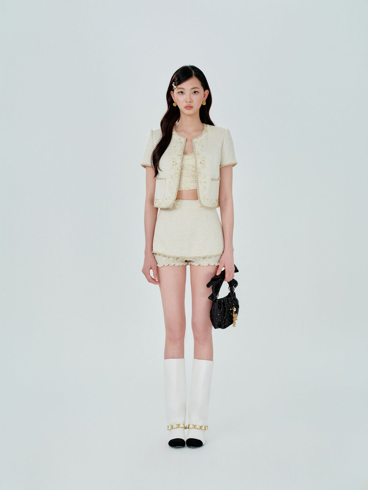 Rue Cambon Embroidered Beaded Cropped Tweed Jacket front detail