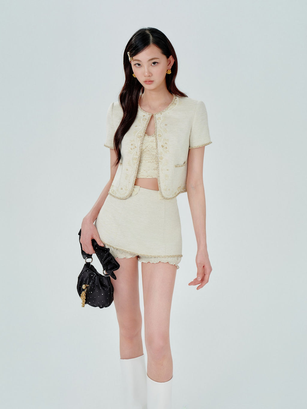 Rue Cambon Embroidered Beaded Cropped Tweed Jacket back view