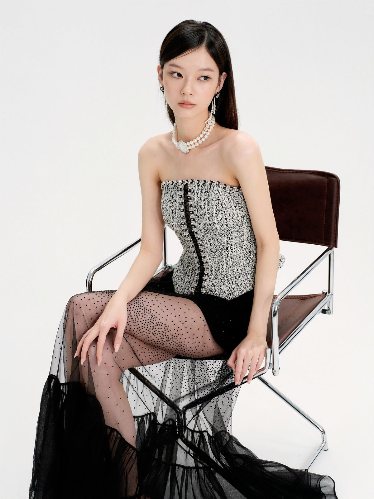 Rue Cambon Black & White Wool Spliced Lace Rhinestone Tube Top fabric close-up