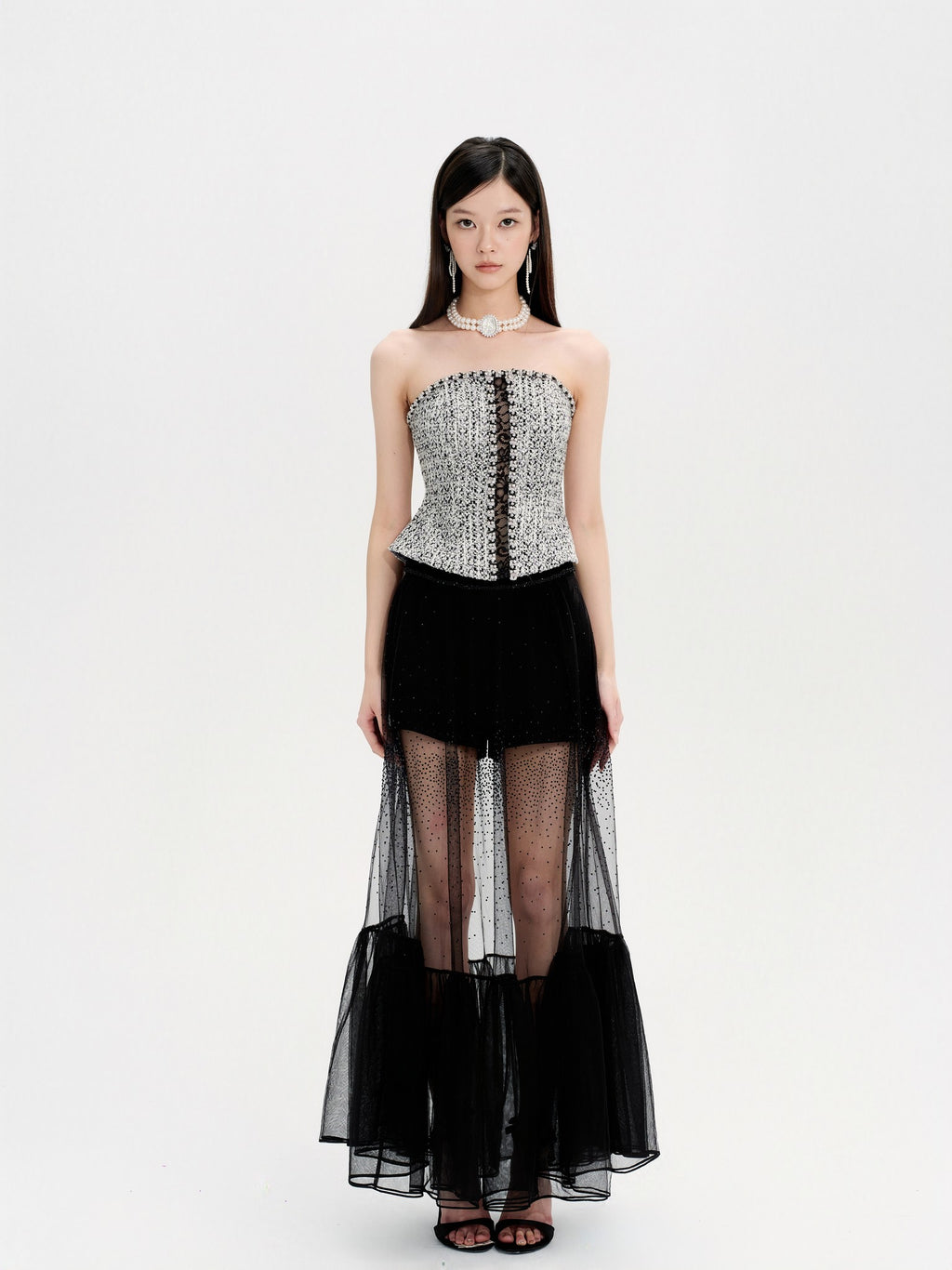 Rue Cambon Black & White Wool Spliced Lace Rhinestone Tube Top styling