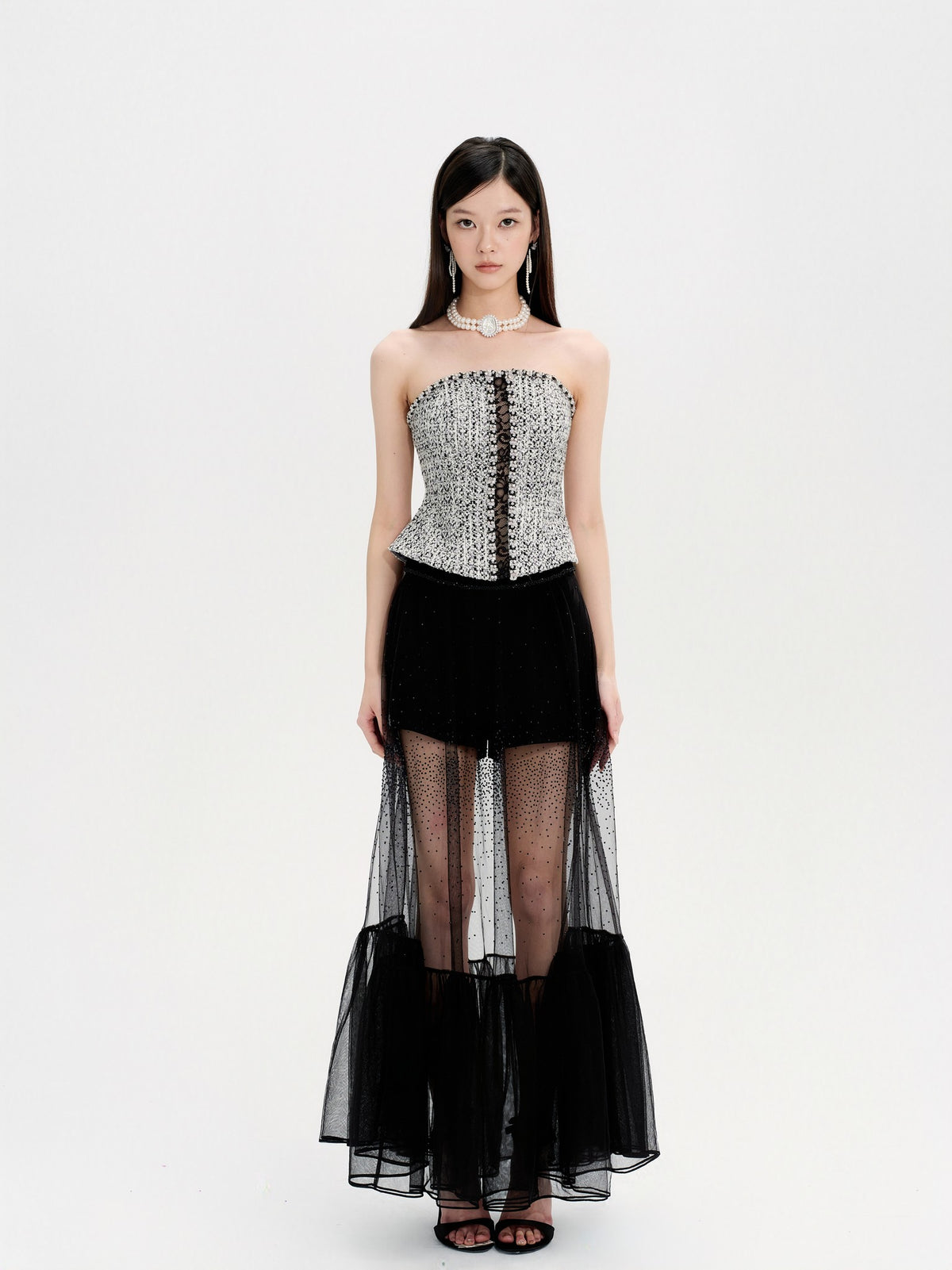 Rue Cambon Black & White Wool Spliced Lace Rhinestone Tube Top styling