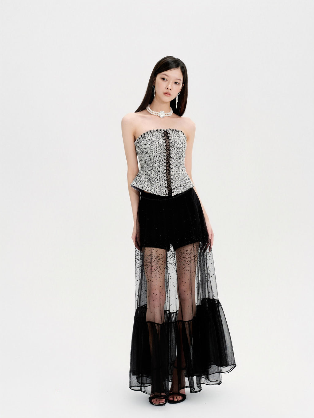 Rue Cambon Black & White Wool Spliced Lace Rhinestone Tube Top full look