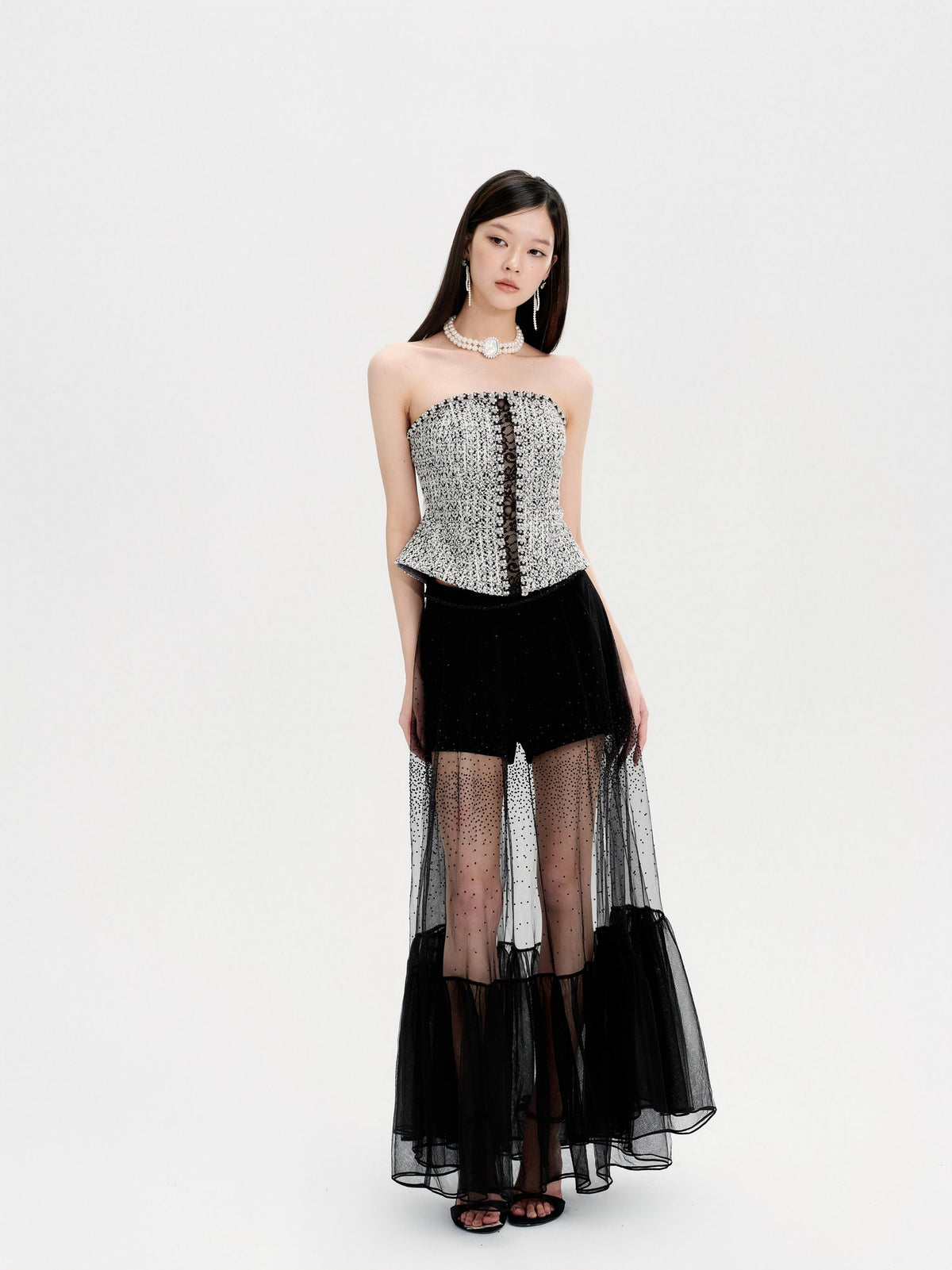 Rue Cambon Black & White Wool Spliced Lace Rhinestone Tube Top full look