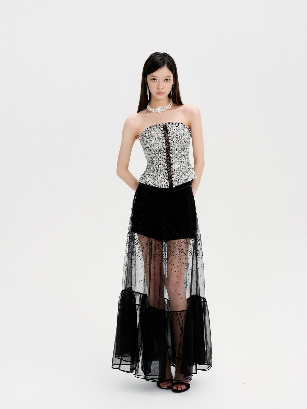 Rue Cambon Black & White Wool Spliced Lace Rhinestone Tube Top front detail
