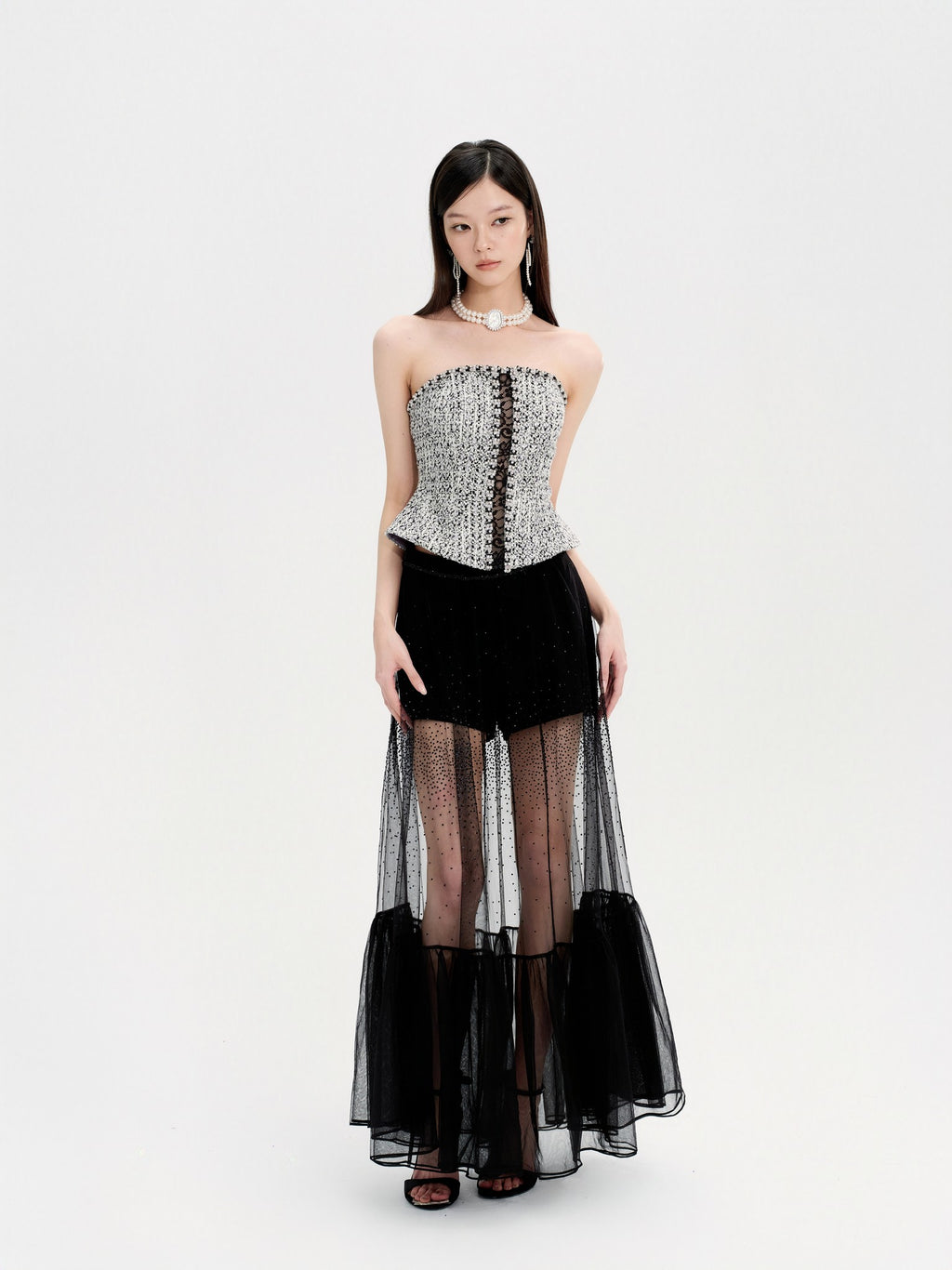 Rue Cambon Black & White Wool Spliced Lace Rhinestone Tube Top back view