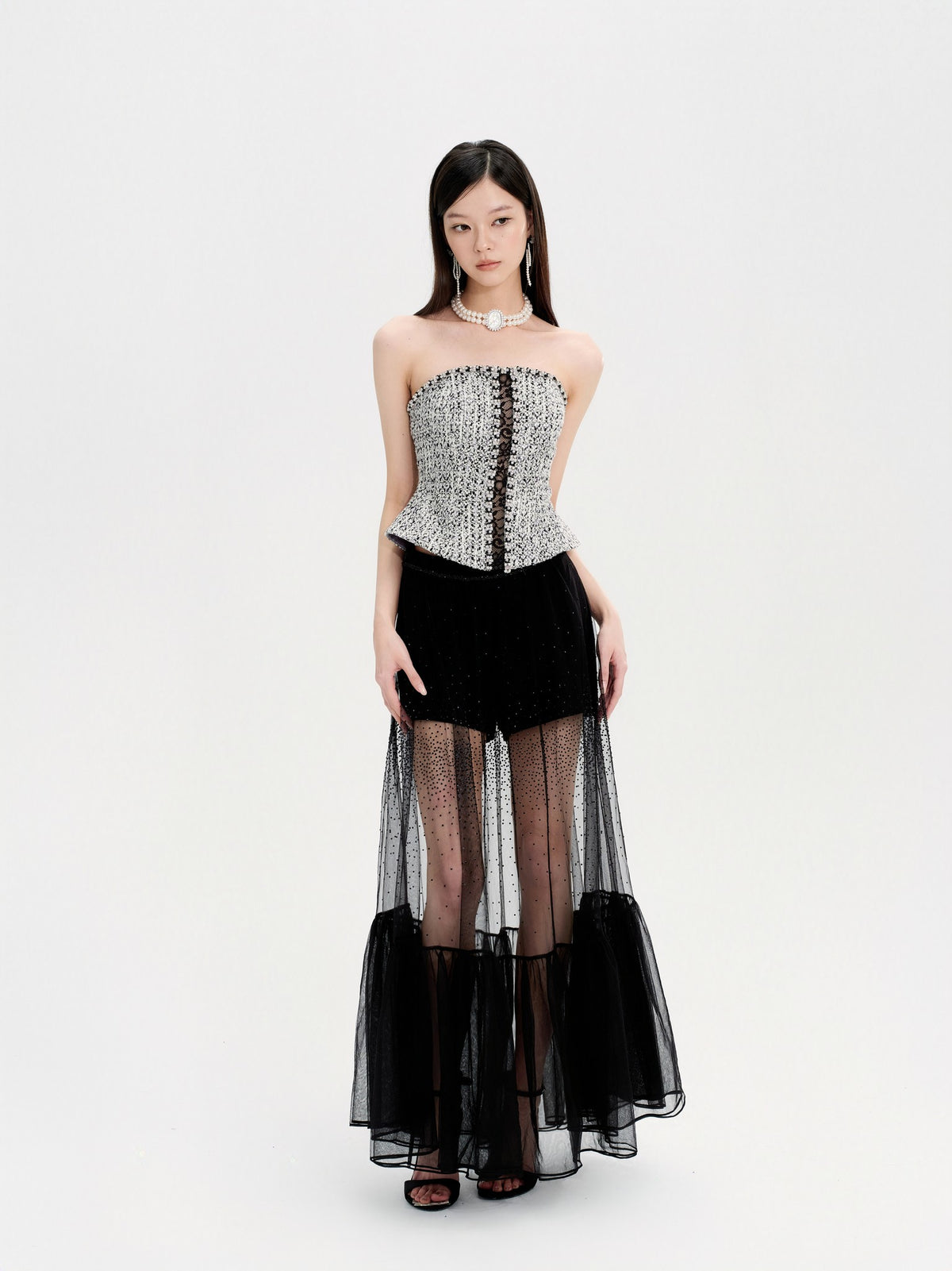 Rue Cambon Black & White Wool Spliced Lace Rhinestone Tube Top back view