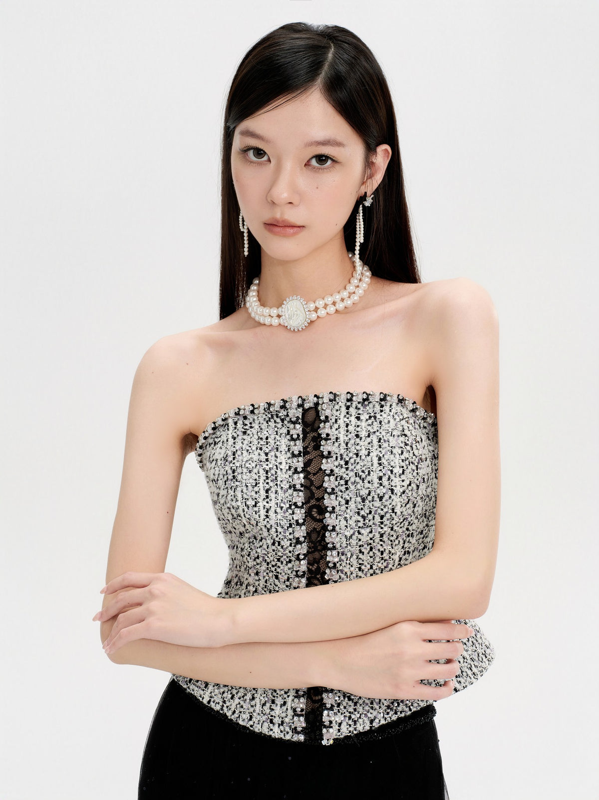 Rue Cambon Black & White Wool Spliced Lace Rhinestone Tube Top fabric close-up