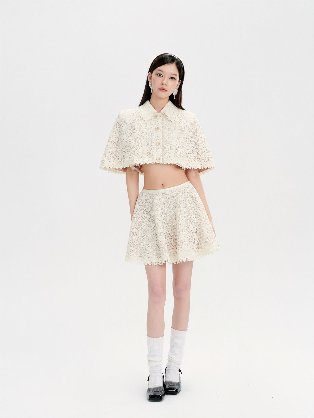 Mayfair Beige Lace Embroidered Cape Jacket side detail