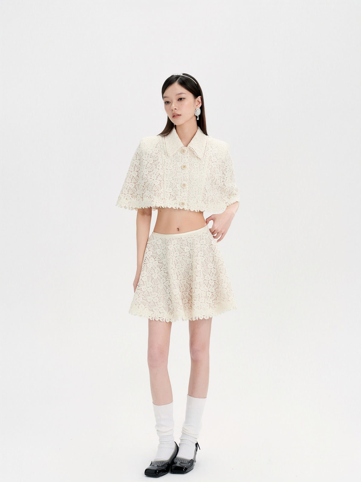 Mayfair Beige Lace Embroidered Cape Jacket lookbook