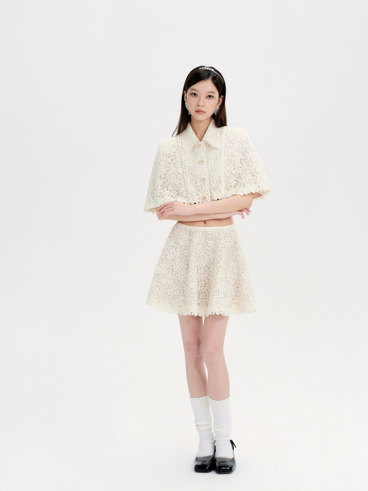 Mayfair Beige Lace Embroidered Cape Jacket lookbook