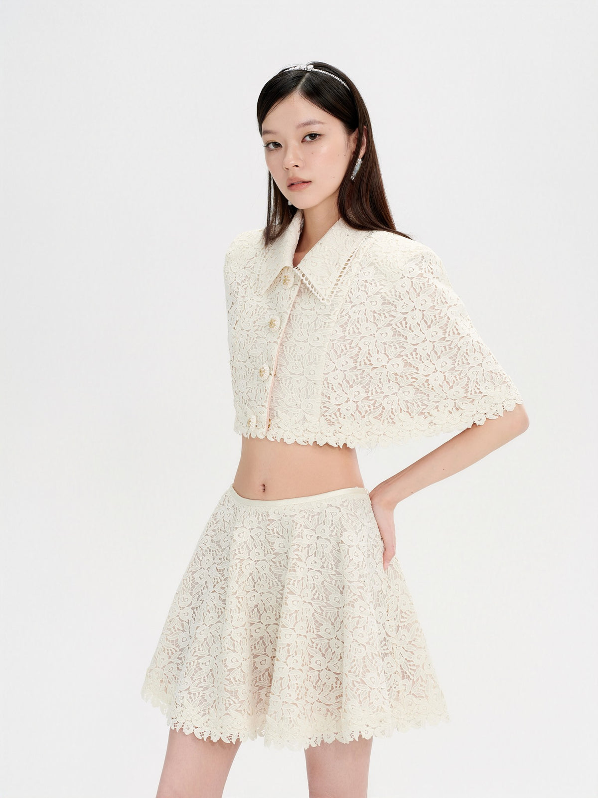 Mayfair Beige Lace Embroidered Cape Jacket lookbook