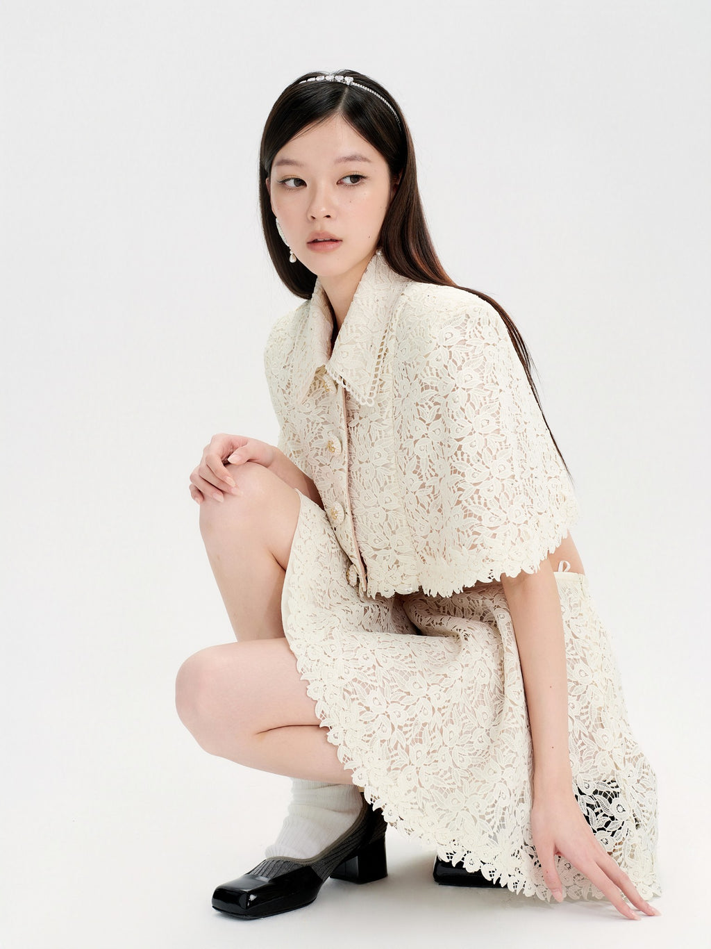 Mayfair Beige Lace Embroidered Cape Jacket lookbook