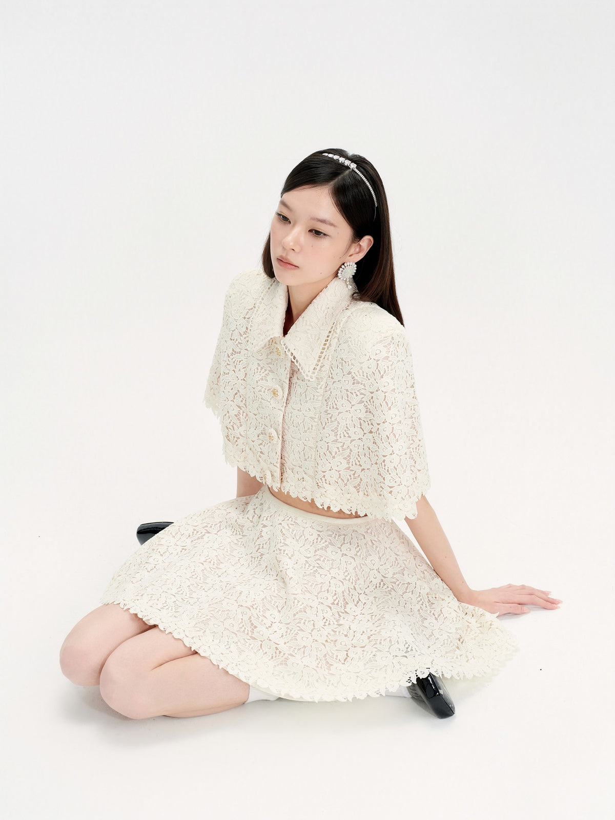Mayfair Beige Lace Embroidered Cape Jacket back detail