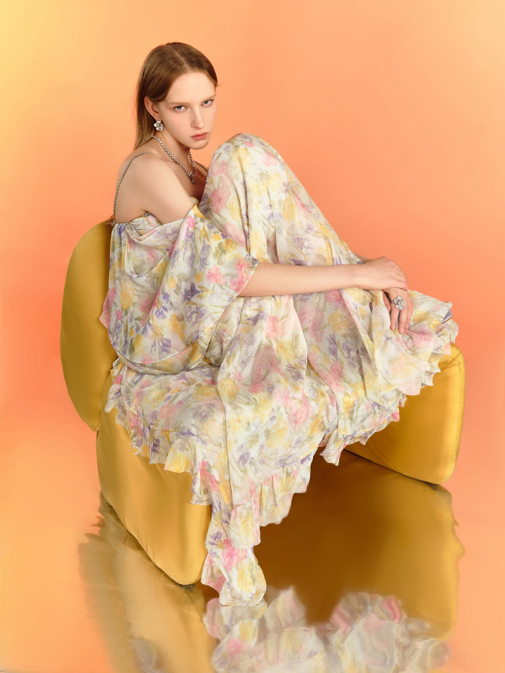 Riviera Mulberry Silk Cutout Floral Off-Shoulder Maxi Dress back view