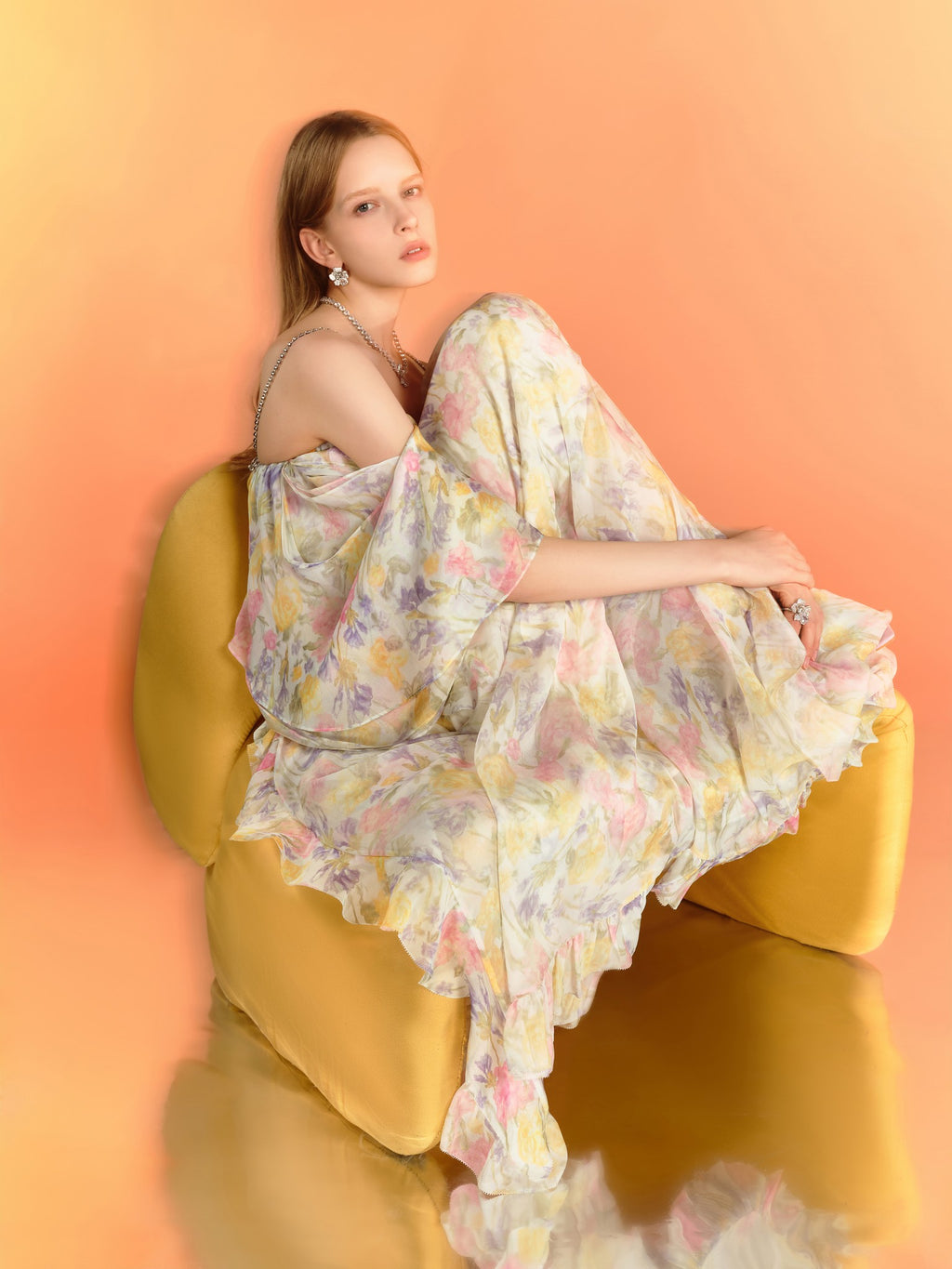 Riviera Mulberry Silk Cutout Floral Off-Shoulder Maxi Dress side profile