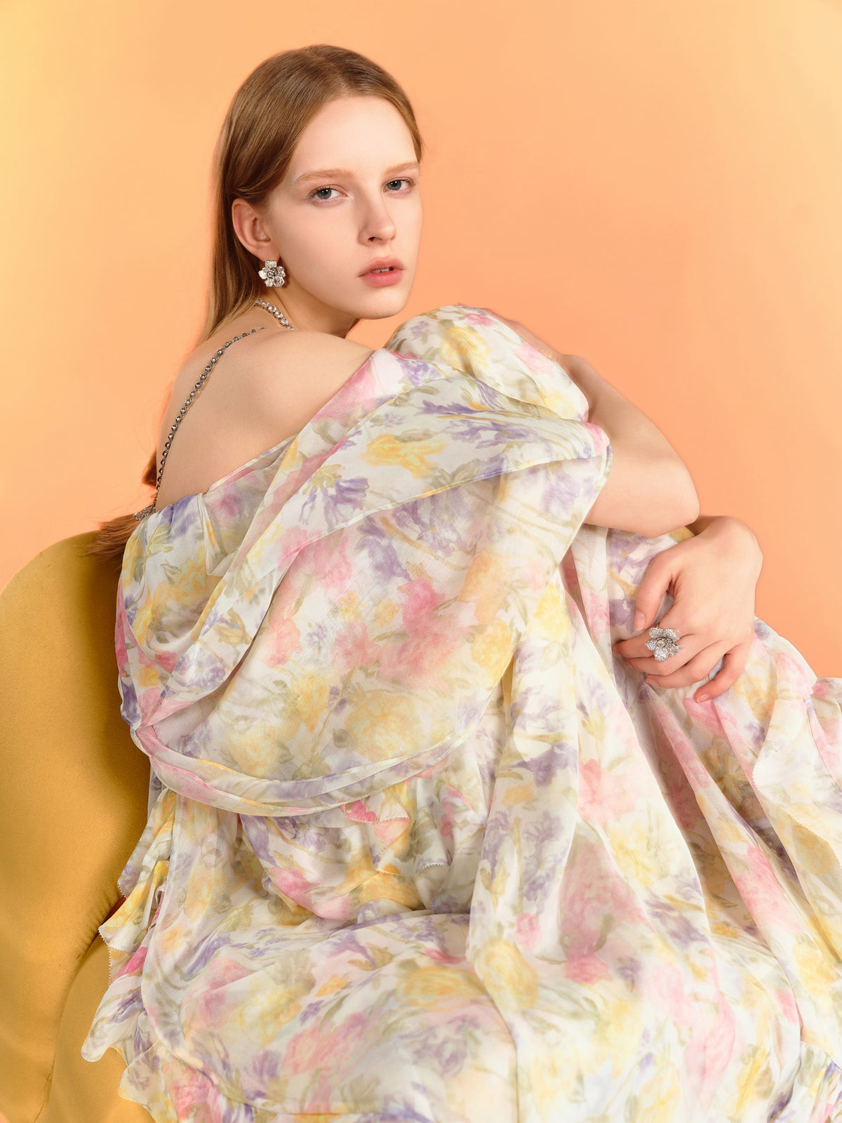 Riviera Mulberry Silk Cutout Floral Off-Shoulder Maxi Dress fabric close-up