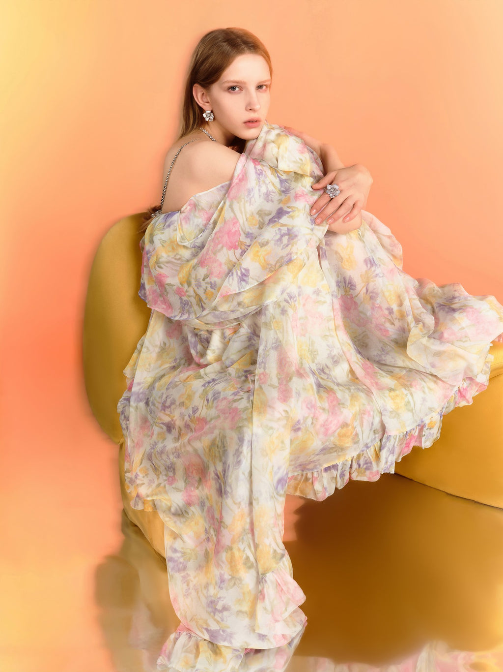 Riviera Mulberry Silk Cutout Floral Off-Shoulder Maxi Dress detail shot