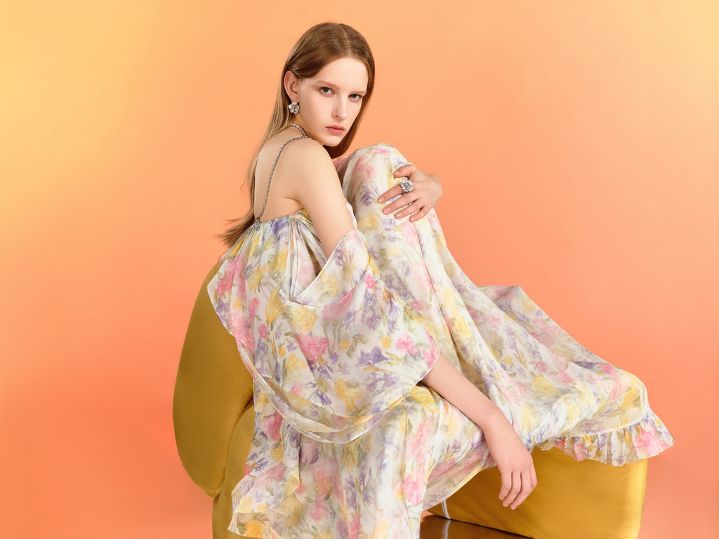 Riviera Mulberry Silk Cutout Floral Off-Shoulder Maxi Dress front detail