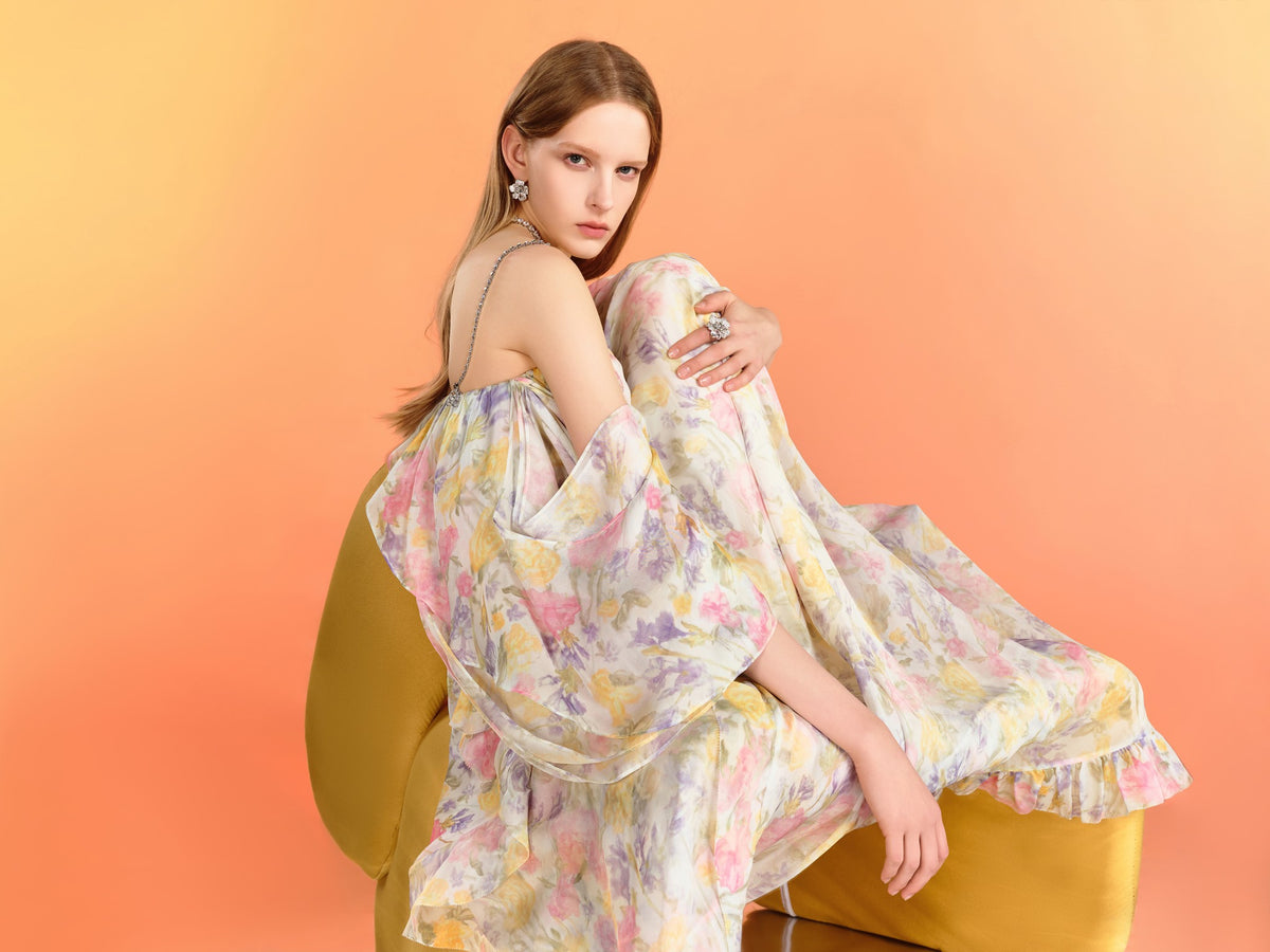 Riviera Mulberry Silk Cutout Floral Off-Shoulder Maxi Dress front detail