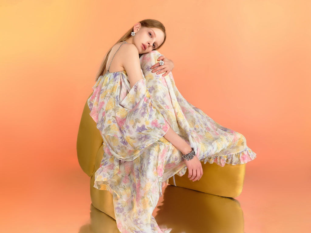 Riviera Mulberry Silk Cutout Floral Off-Shoulder Maxi Dress back view