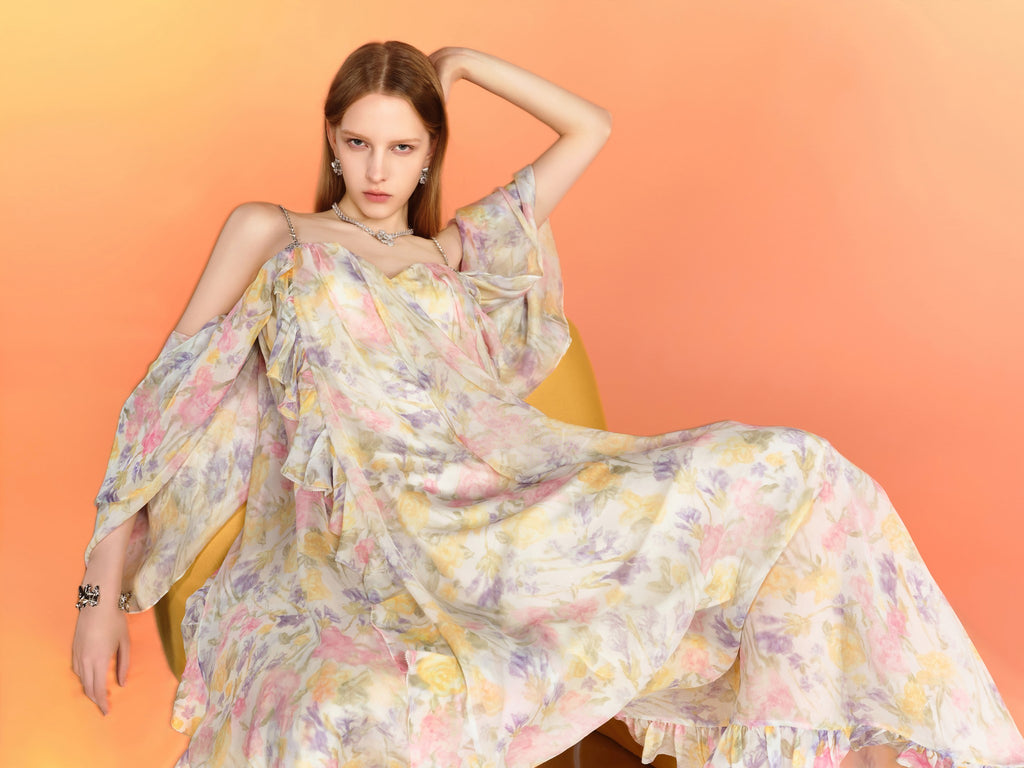 Riviera Mulberry Silk Cutout Floral Off-Shoulder Maxi Dress side profile