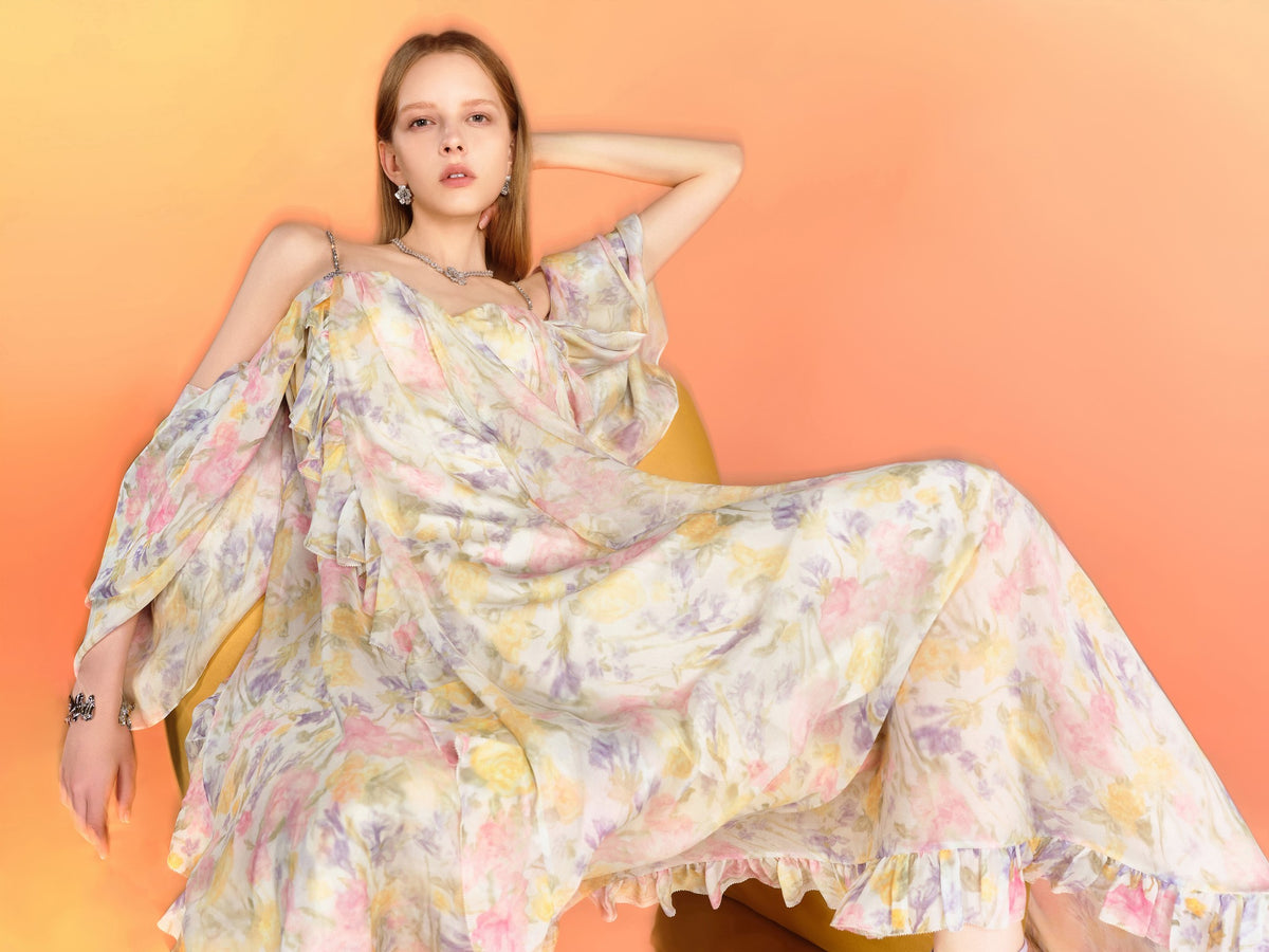 Riviera Mulberry Silk Cutout Floral Off-Shoulder Maxi Dress back detail
